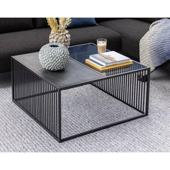Handcrafted Square Box Black Metal Coffee Table | 24” Marble & Glass Top | Modern Living Room Accent Table