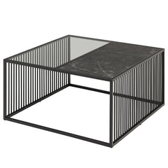 Handcrafted Square Box Black Metal Coffee Table | 24” Marble & Glass Top | Modern Living Room Accent Table
