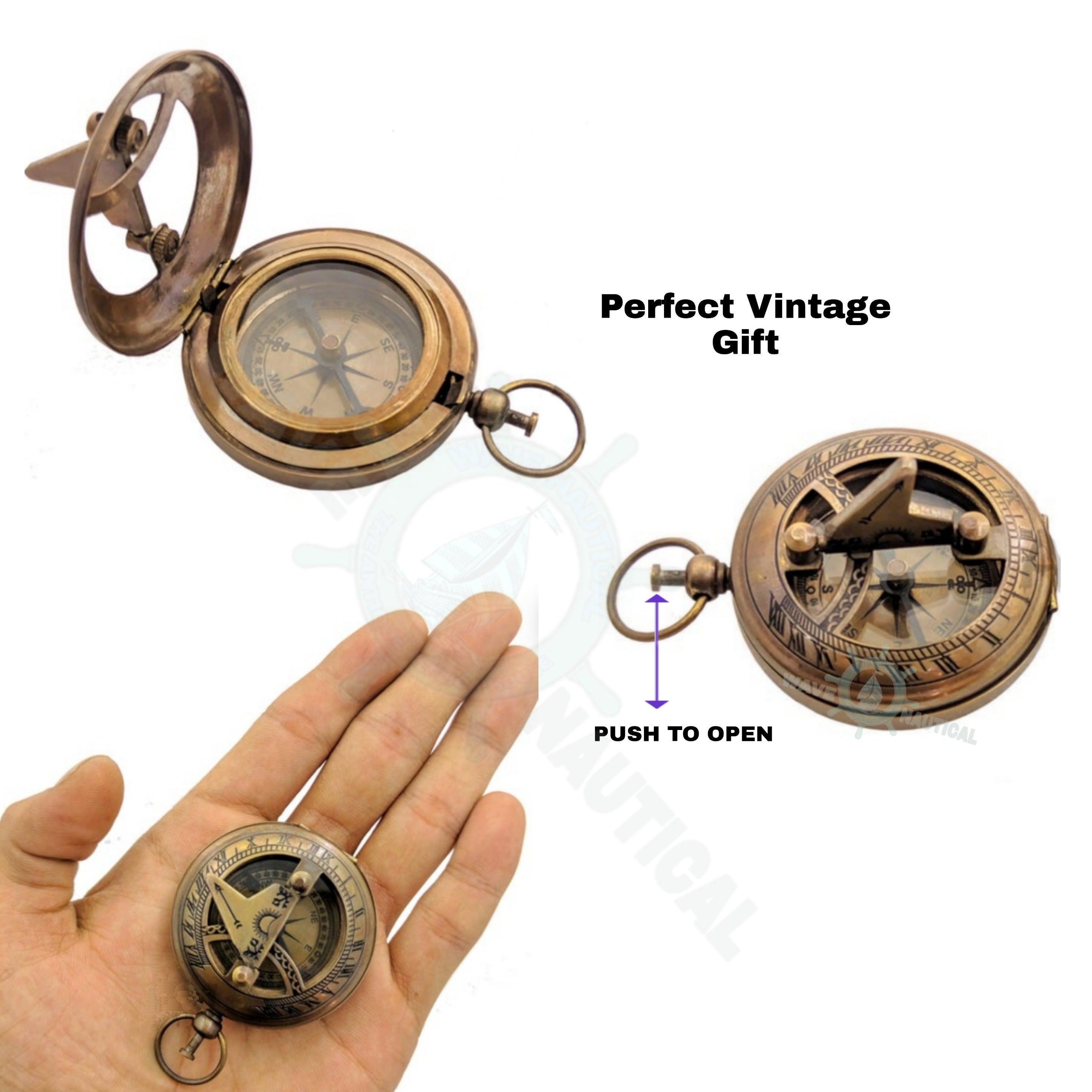 Brass Sundial Compass Vintage Pocket Style Nautical Antique Gift - WoodenTwist