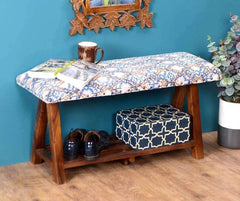 Mango Wood Bench In Cotton Blue Colour - WoodenTwist