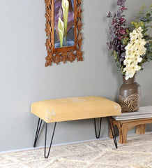 Mango Wood Bench In Cotton yellow Colour With Metal Legs - WoodenTwist