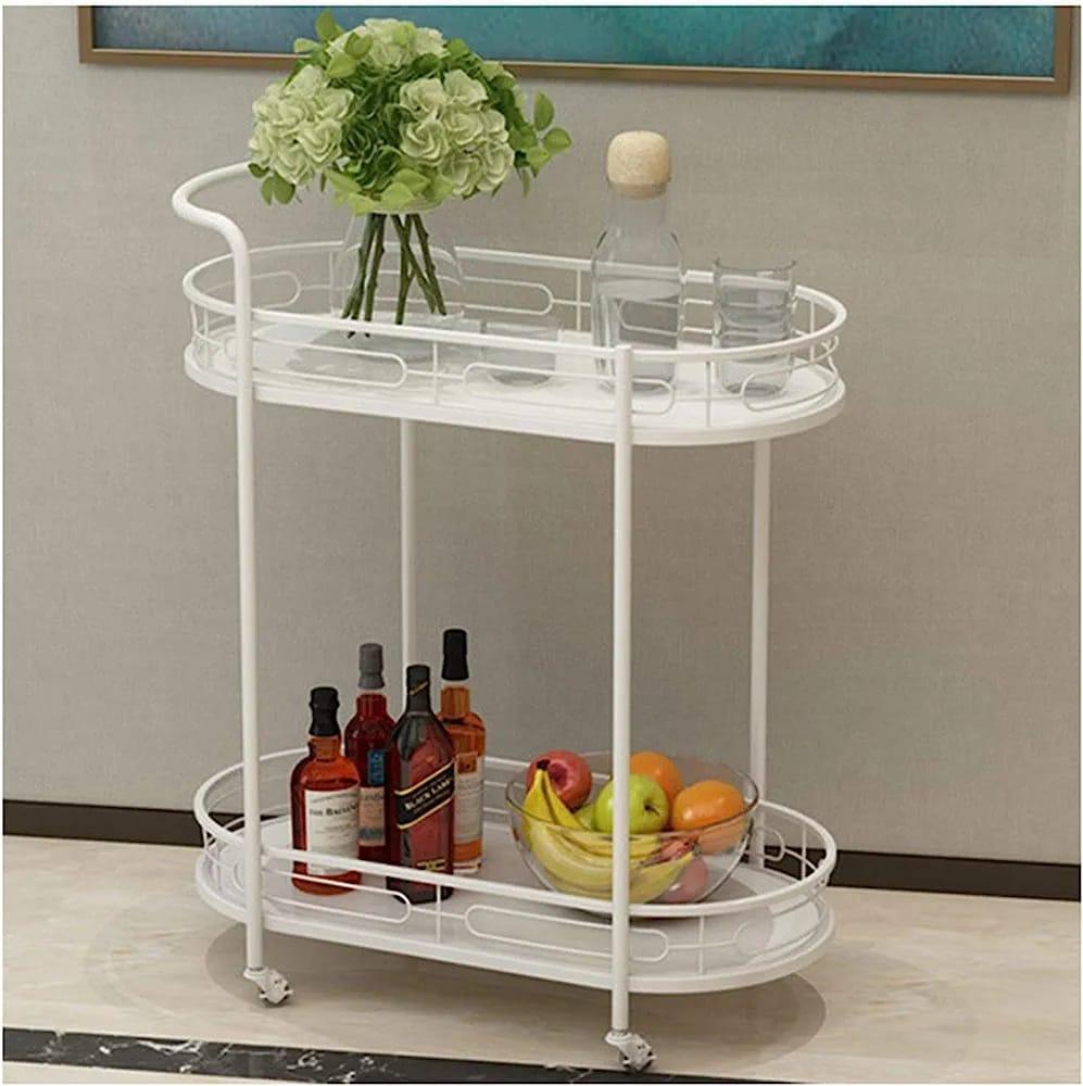 White Oval Iron Bar Cart with Marble Top