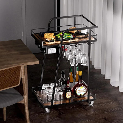 Modern Black Iron Trolley with Wooden Top