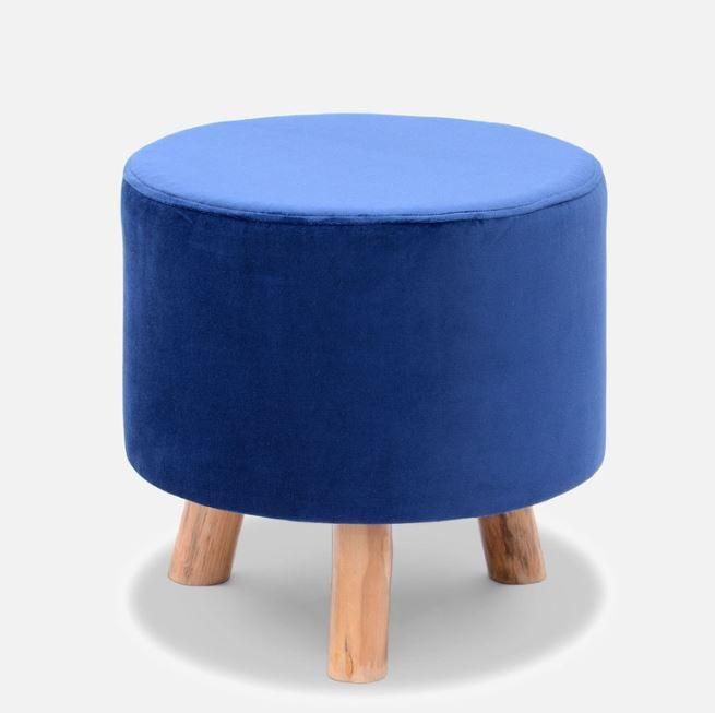 Solid Wood Foot Stool In Velvet Blue Colour - WoodenTwist