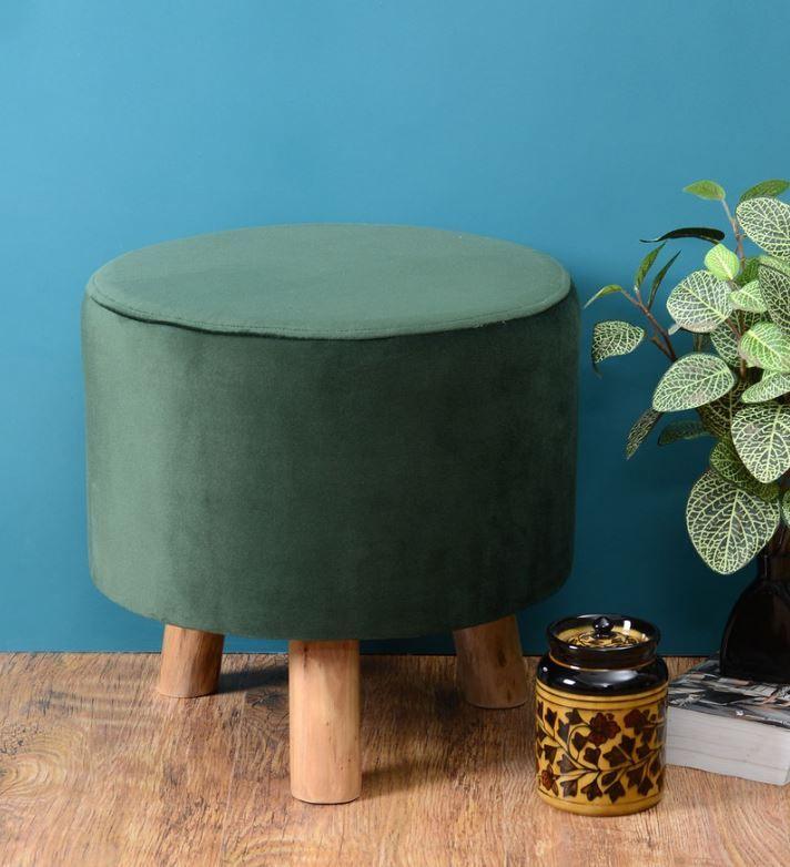 Solid Wood Foot Stool In Velvet Green Colour - WoodenTwist