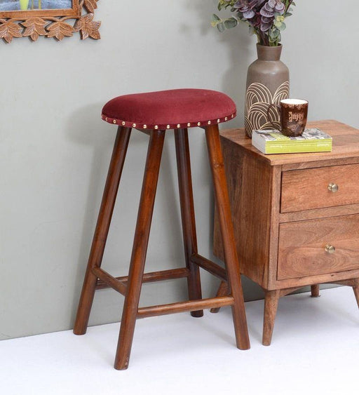 Curved Mango Wood Bar Stool In Velvet Red Color - WoodenTwist