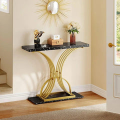 Luxurious Rectangle Makeup Table with Black Wooden Top - Modern Design (Golden) - WoodenTwist