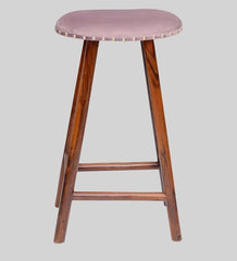 Curved Mango Wood Bar Stool In Velvet Pink Color - WoodenTwist