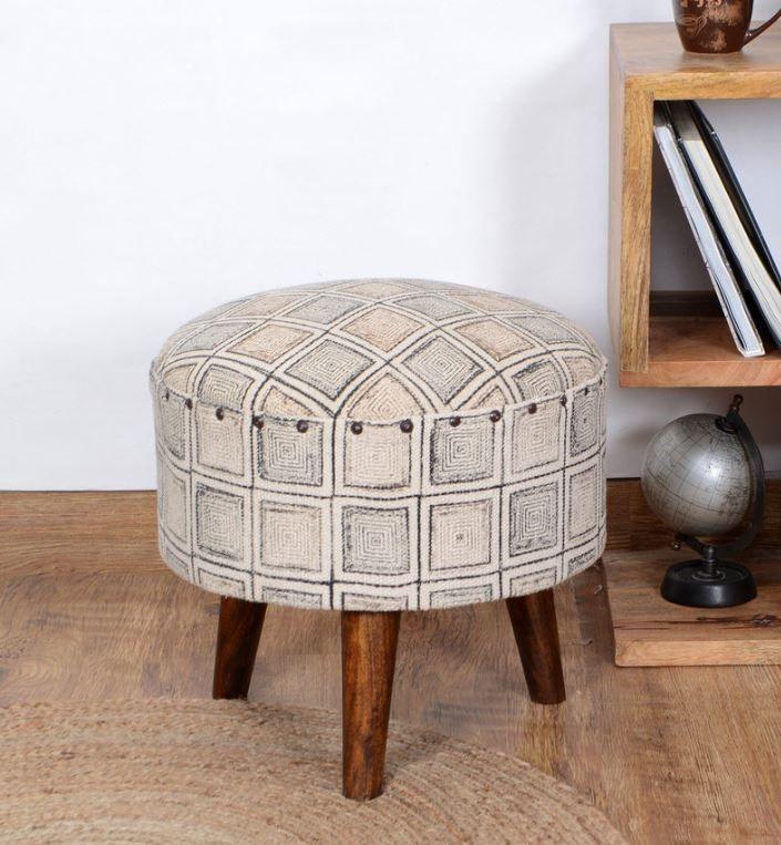 Mango Wood Foot Stool In Cotton white Colour - WoodenTwist