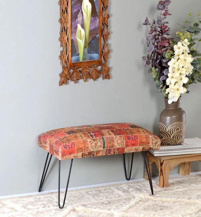 Mango Wood Bench In Cotton Multicolour With Metal Legs - WoodenTwist