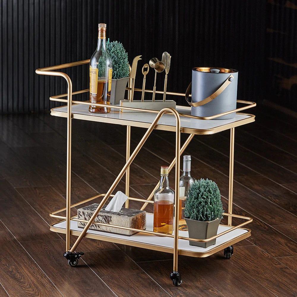 2 Tier Metallic Marble Elegance Rolling Bar Cart - Stylish and Functional Serving Cart with Wheels - WoodenTwist