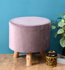 Solid Wood Foot Stool In Velvet Pink Colour - WoodenTwist