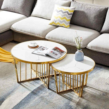 Shine Gold Round Coffee Table | 20' Composite Marble Top with Golden Iron Frame | Elegant Center Table for Living Room - Wood