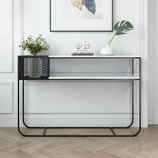 Luxurious Rectangle Iron Console Table with White Marble Top & Bottom - White