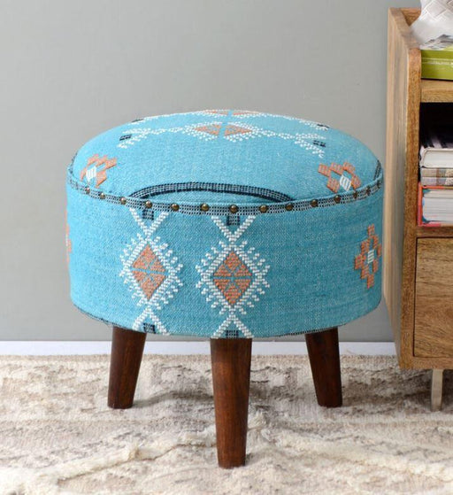 Mango Wood Foot Stool In Cotton Blue Colour - WoodenTwist