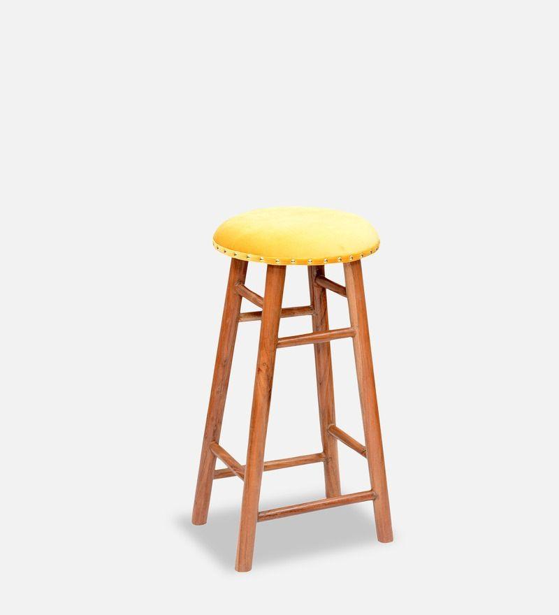 Round Mango Wood Bar Stool In Velvet Yellow Colour - WoodenTwist