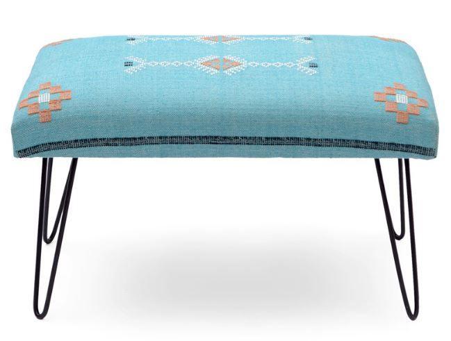 Mango Wood Bench In Cotton Blue Colour With Metal Legs - WoodenTwist