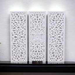 Premium Wooden Decoration Hand Carved 3 Wall Panel (MDF Wood, White) - WoodenTwist