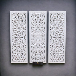 Premium Wooden Decoration Hand Carved 3 Wall Panel (MDF Wood, White) - WoodenTwist