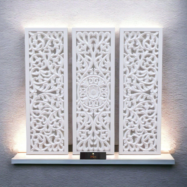 Premium Wooden Decoration Hand Carved 3 Wall Panel (MDF Wood, White) - WoodenTwist