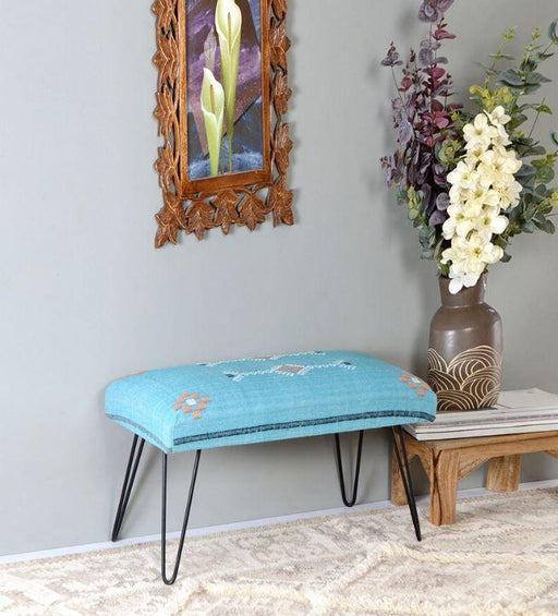 Mango Wood Bench In Cotton Blue Colour With Metal Legs - WoodenTwist