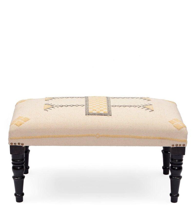 Mango Wood Bench In Cotton White Colour - WoodenTwist