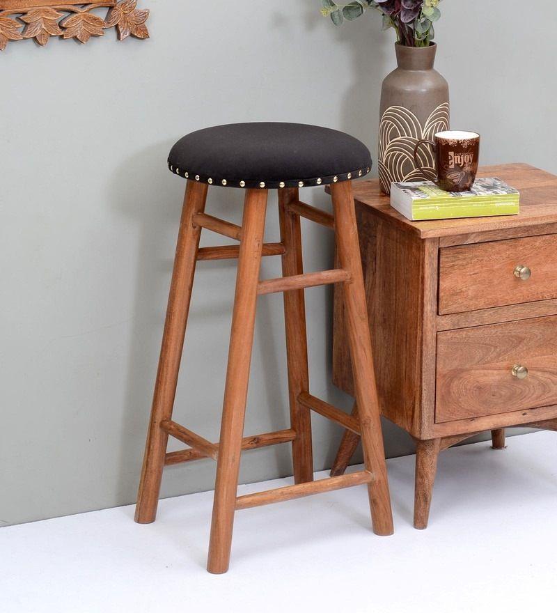 Round Mango Wood Bar Stool In Velvet Black Colour - WoodenTwist