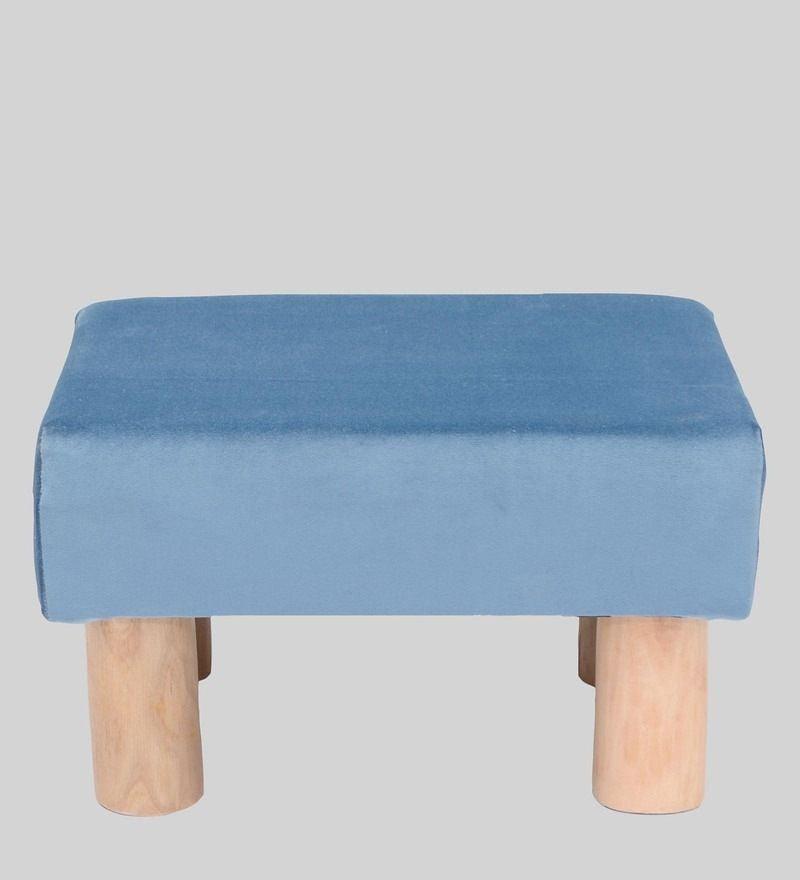 Solid Wood Foot Stool In Velvet Blue Colour - WoodenTwist