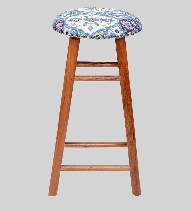 Round Mango Wood Bar Stool In Cotton Multicolour - WoodenTwist