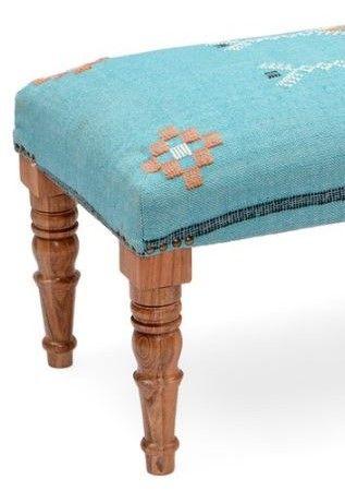 Mango Wood Bench In Cotton Blue Color - WoodenTwist