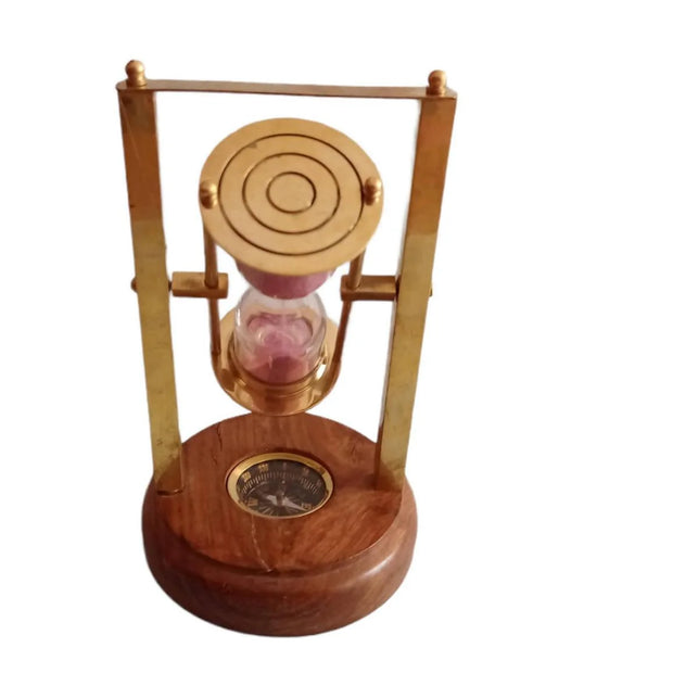 Brass Antique Sand Timer with Compass On Wooden Base Hour Glass Clock - WoodenTwist