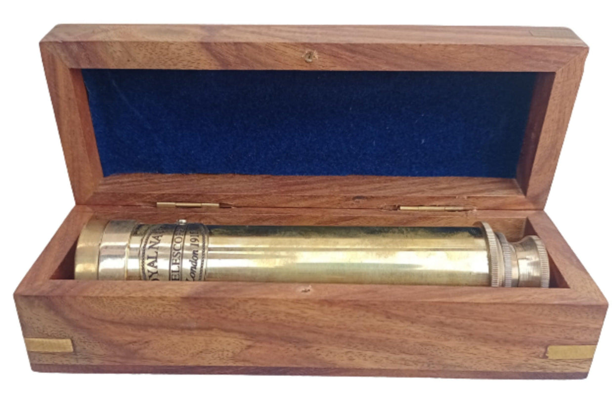 Royal Navy 12 inch Antique Full Brass Telescope with in Wood Box - WoodenTwist