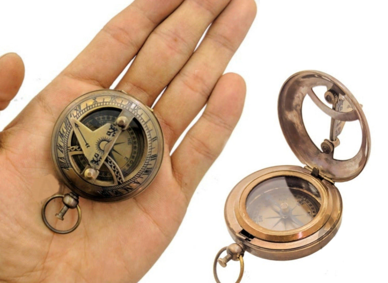 Brass Sundial Compass Vintage Pocket Style Nautical Antique Gift - WoodenTwist
