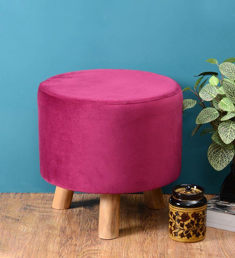 Solid Wood Foot Stool In Velvet Pink Colour - WoodenTwist