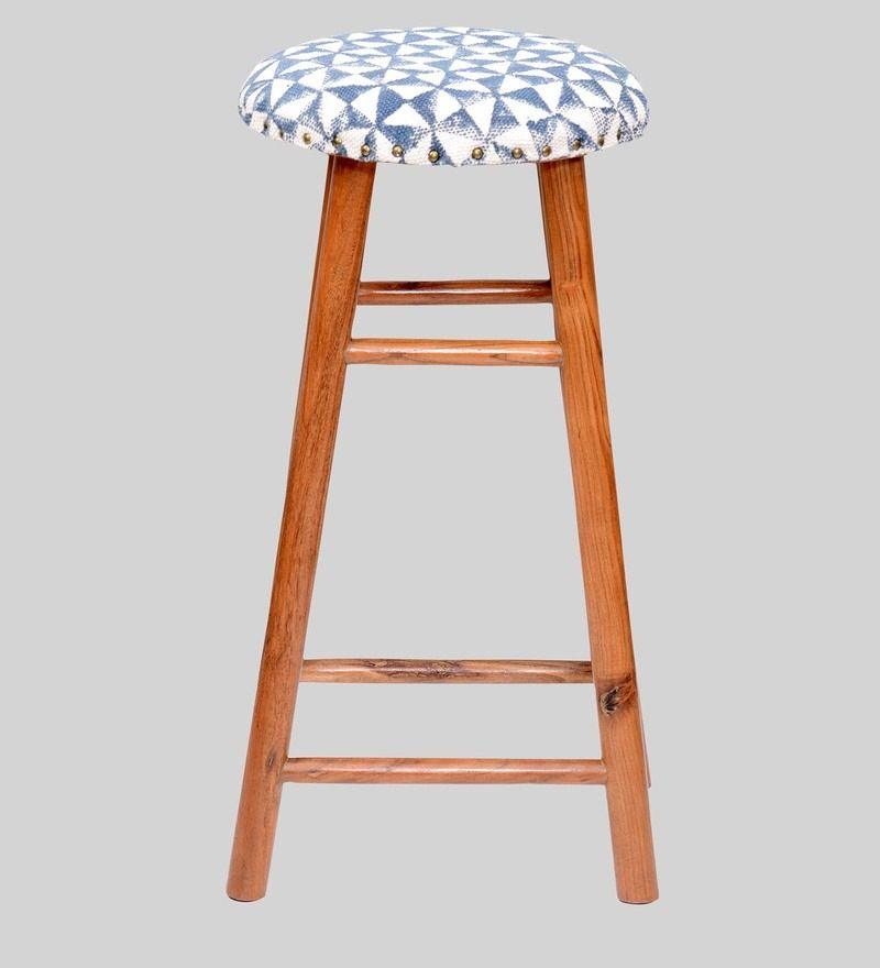 Round Mango Wood Bar Stool In Cotton Blue Colour - WoodenTwist