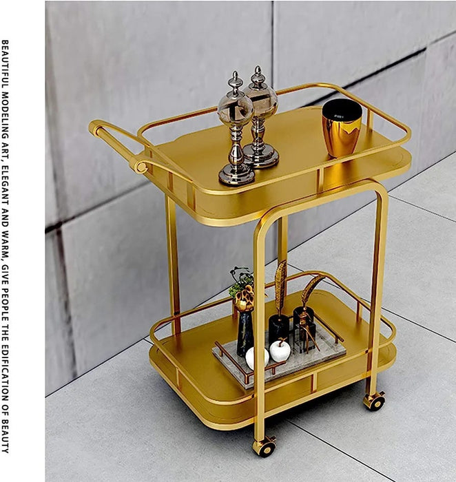 Modern Golden Iron Rectangle Trolley - 2 Tier with Smooth Rolling Wheels - WoodenTwist