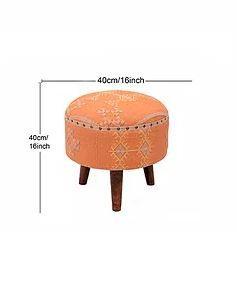 Mango Wood Foot Stool In Cotton Orange Colour - WoodenTwist