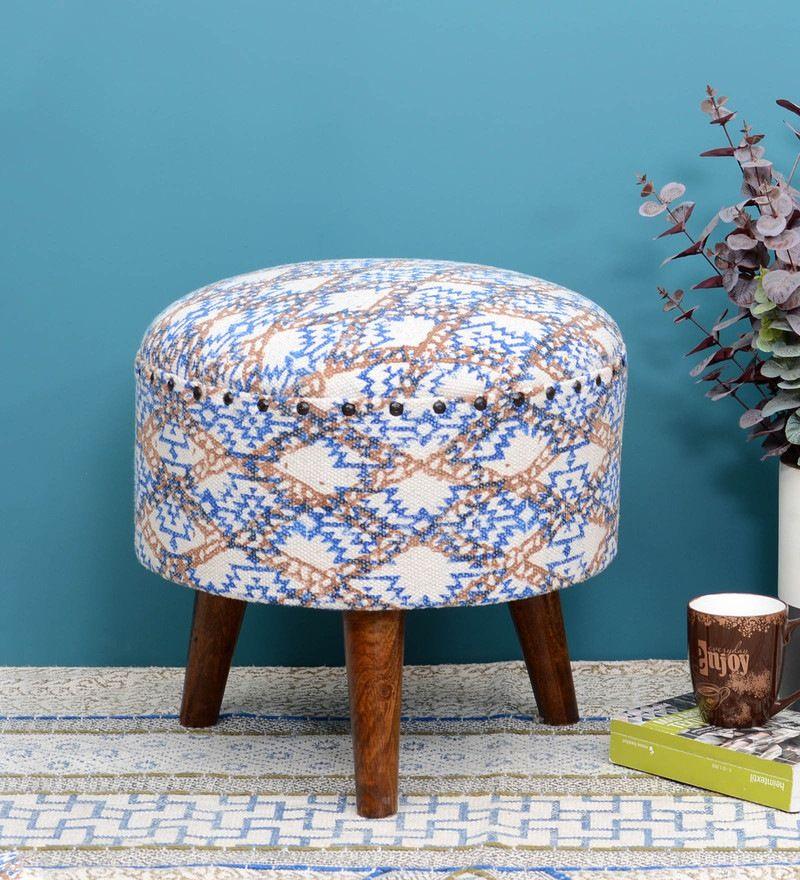 Mango Wood Foot Stool In Cotton Multicolor Colour - WoodenTwist