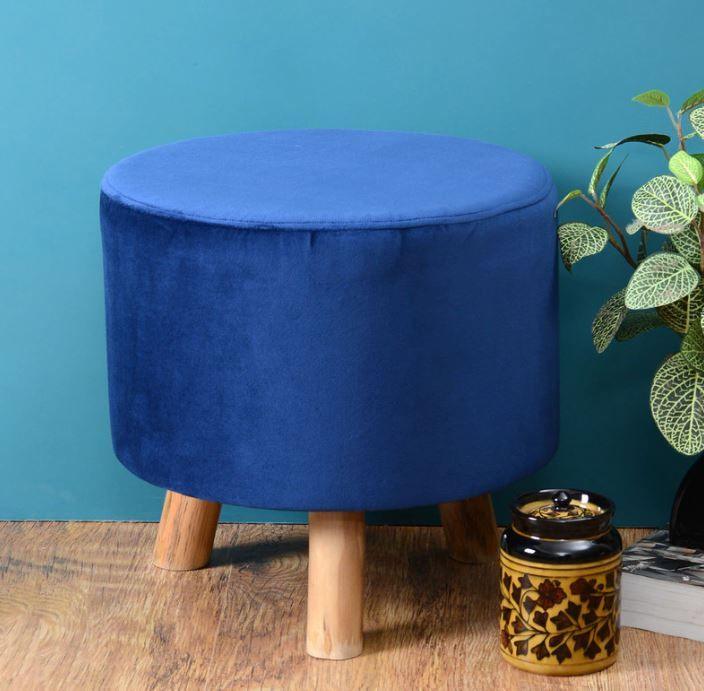 Solid Wood Foot Stool In Velvet Blue Colour - WoodenTwist