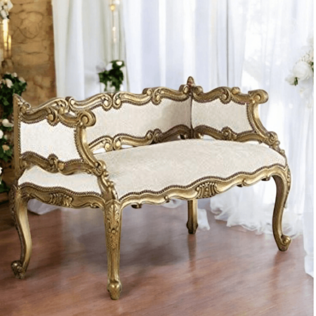 Wooden Twist Engrave Hand Carved Teak Wood 2 Seater Bench for Living Room ( Ivory ) - WoodenTwist