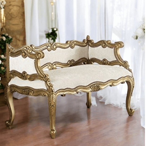 Wooden Twist Engrave Hand Carved Teak Wood 2 Seater Bench for Living Room ( Ivory ) - WoodenTwist