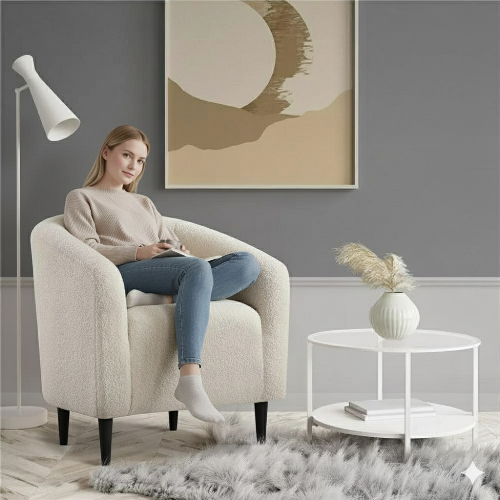 Wooden Twist Boucle Fabric Lounge Chair Beige - WoodenTwist