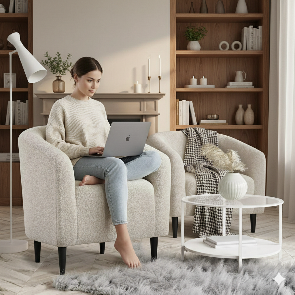 Wooden Twist Boucle Fabric Lounge Chair Beige - WoodenTwist