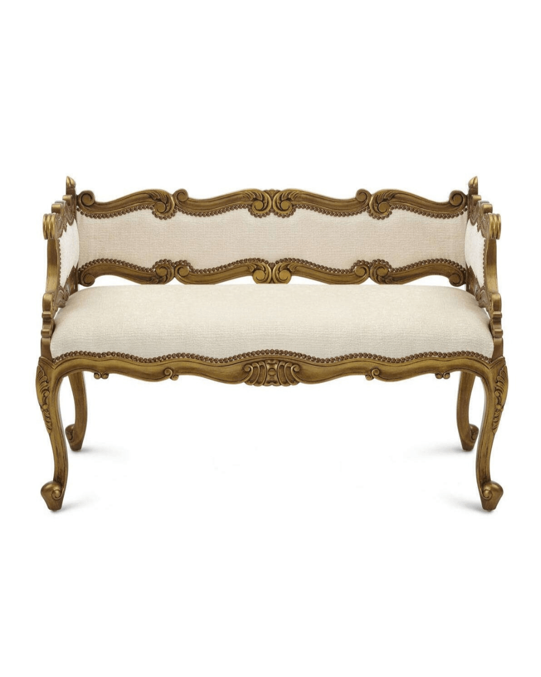 Wooden Twist Engrave Hand Carved Teak Wood 2 Seater Bench for Living Room ( Ivory ) - WoodenTwist