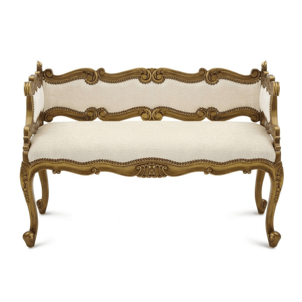Wooden Twist Engrave Hand Carved Teak Wood 2 Seater Bench for Living Room ( Ivory ) - WoodenTwist