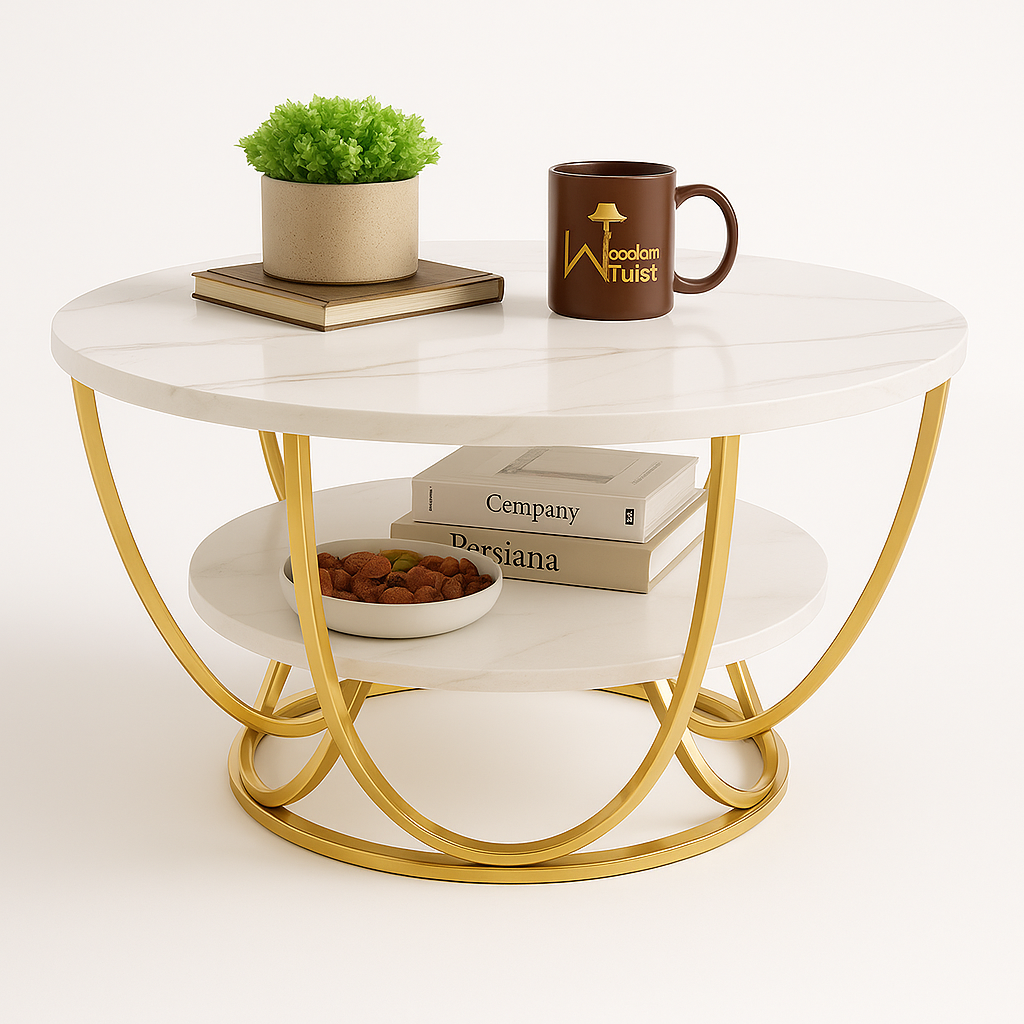 Round coffee table with gold legs and white marble top, featuring decorative items.