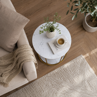 Wooden Twist Round Coffee Table with Marble Top Like Finish Stylish 2-Tier Design - WoodenTwist