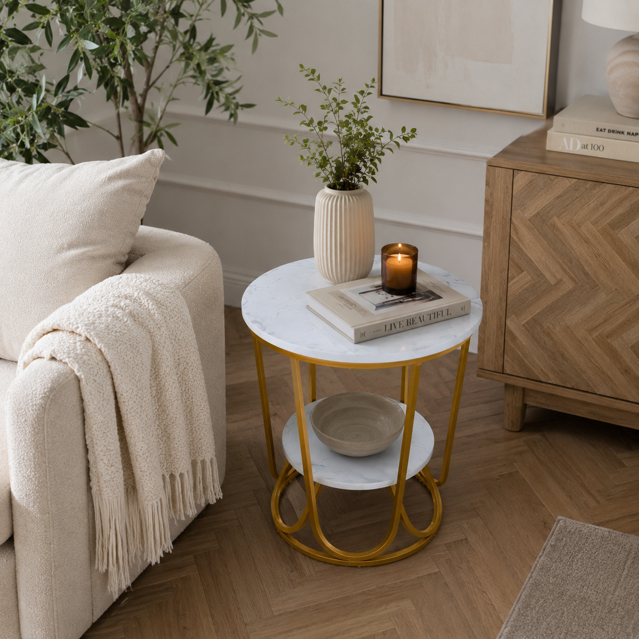Wooden Twist Round Coffee Table with Marble Top Like Finish Stylish 2-Tier Design - WoodenTwist