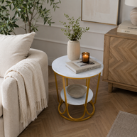 Wooden Twist Round Coffee Table with Marble Top Like Finish Stylish 2-Tier Design - WoodenTwist