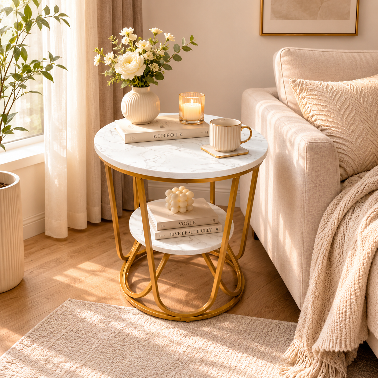 Wooden Twist Round Coffee Table with Marble Top Like Finish Stylish 2-Tier Design - WoodenTwist